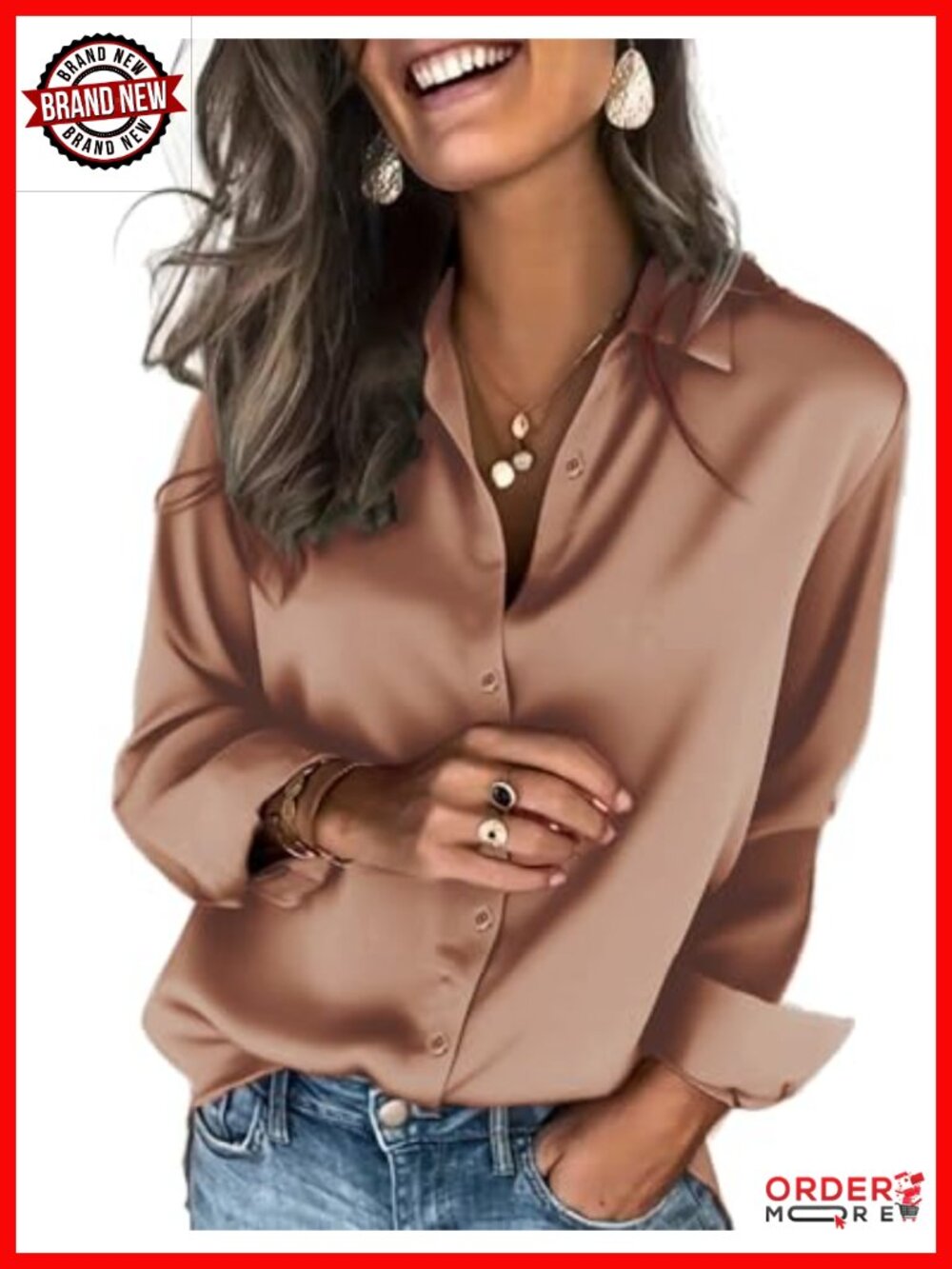 Satin Button Down Blouse Long Sleeve V-Neck Tailored Fit Women's Top